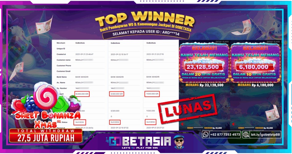 Bukti pembayaran Jackpot di GOBETASIA