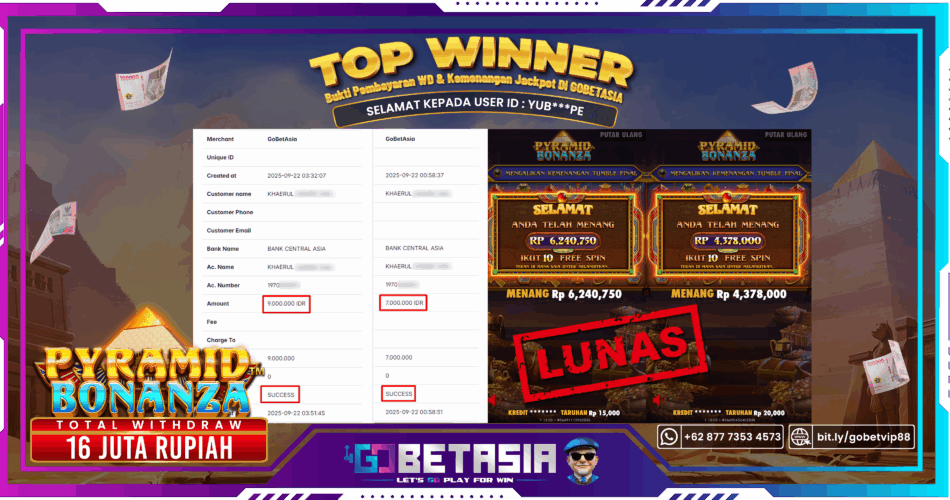 Bukti pembayaran Jackpot di GOBETASIA