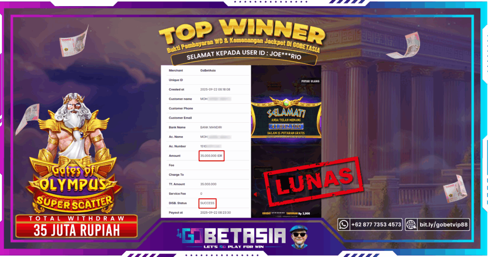 Bukti pembayaran Jackpot di GOBETASIA