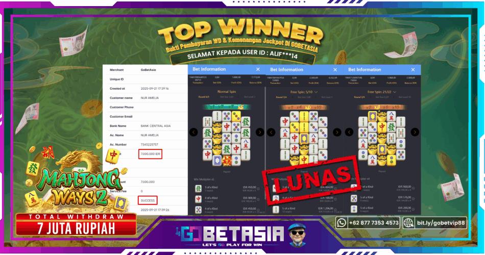 Bukti pembayaran Jackpot di GOBETASIA