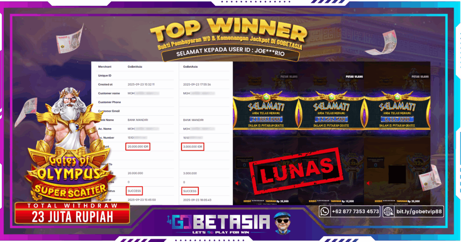 Bukti pembayaran Jackpot di GOBETASIA