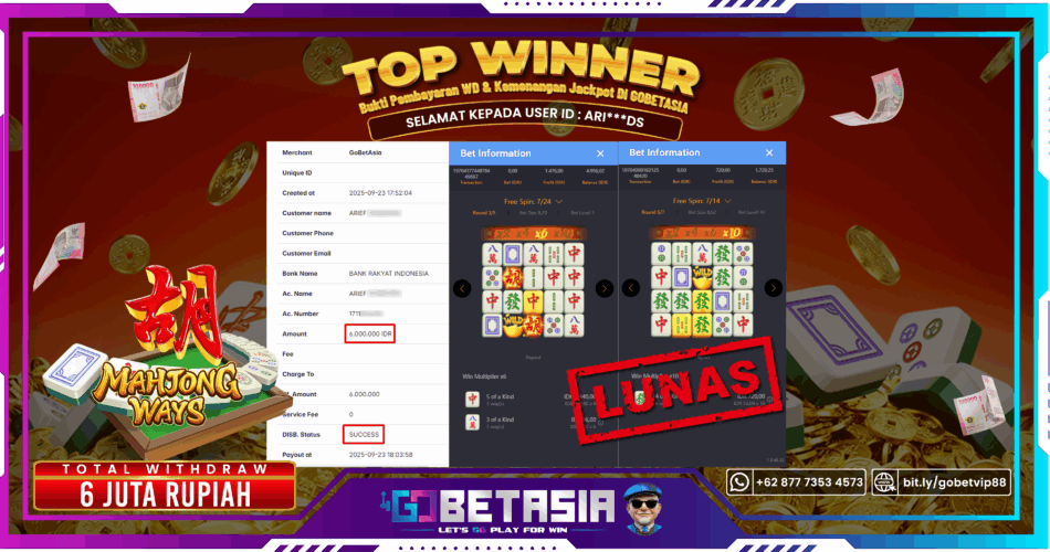 Bukti pembayaran Jackpot di GOBETASIA