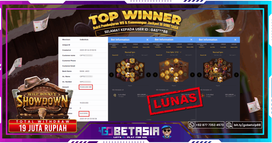 Bukti pembayaran Jackpot di GOBETASIA