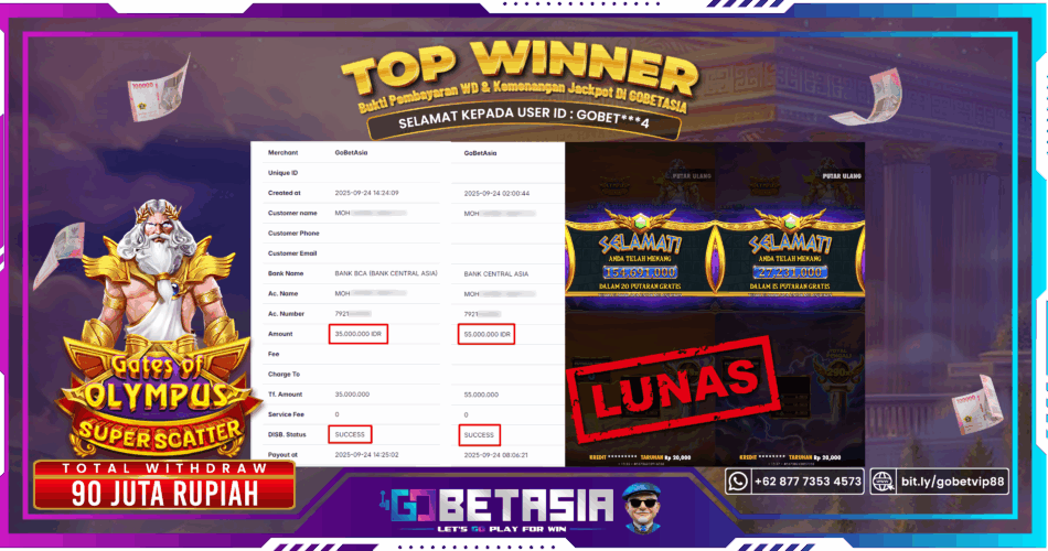 Bukti pembayaran Jackpot di GOBETASIA