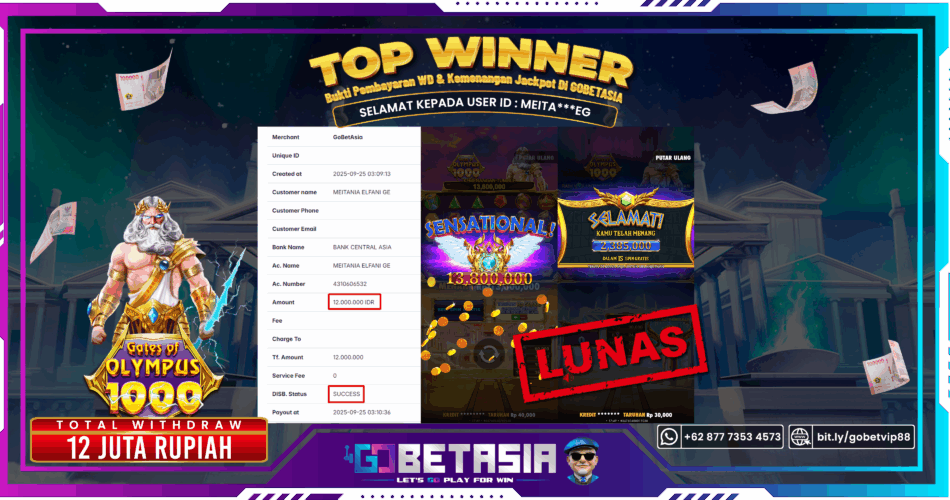 Bukti pembayaran Jackpot di GOBETASIA