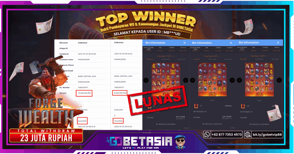 Bukti pembayaran Jackpot di GOBETASIA