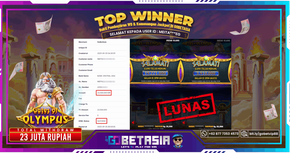 Bukti pembayaran Jackpot di GOBETASIA