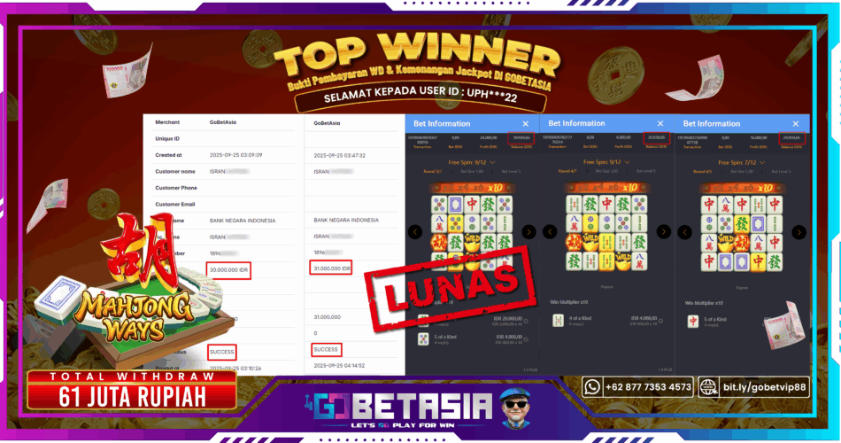Bukti pembayaran Jackpot di GOBETASIA