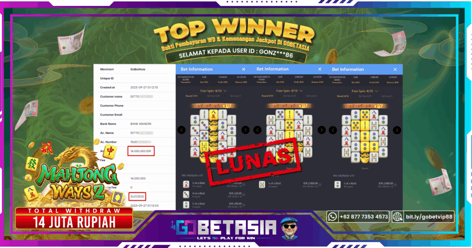 Bukti pembayaran Jackpot di GOBETASIA
