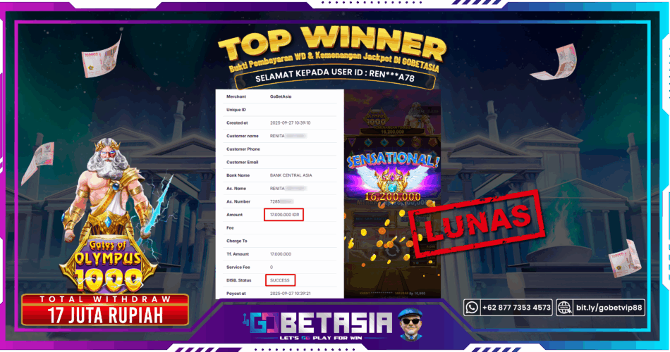 Bukti pembayaran Jackpot di GOBETASIA