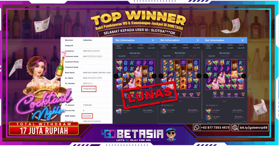 Bukti pembayaran Jackpot di GOBETASIA