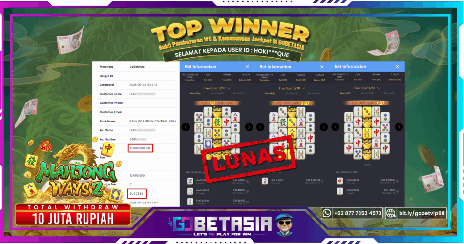 Bukti pembayaran Jackpot di GOBETASIA