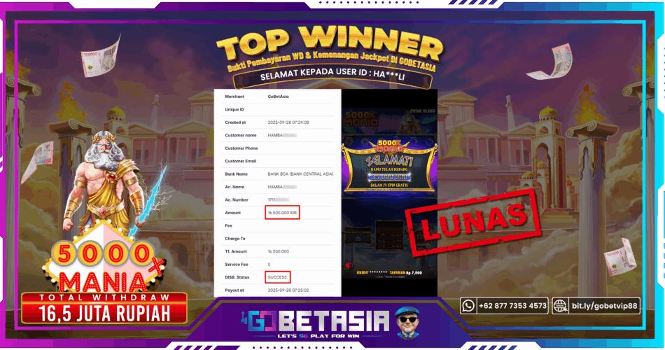 Bukti pembayaran Jackpot di GOBETASIA