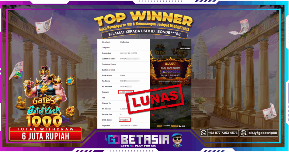 Bukti pembayaran Jackpot di GOBETASIA