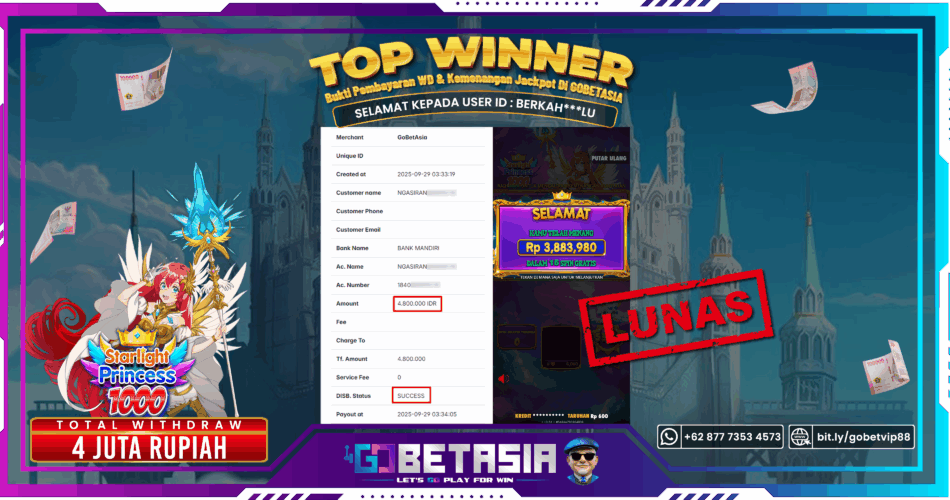 Bukti pembayaran Jackpot di GOBETASIA