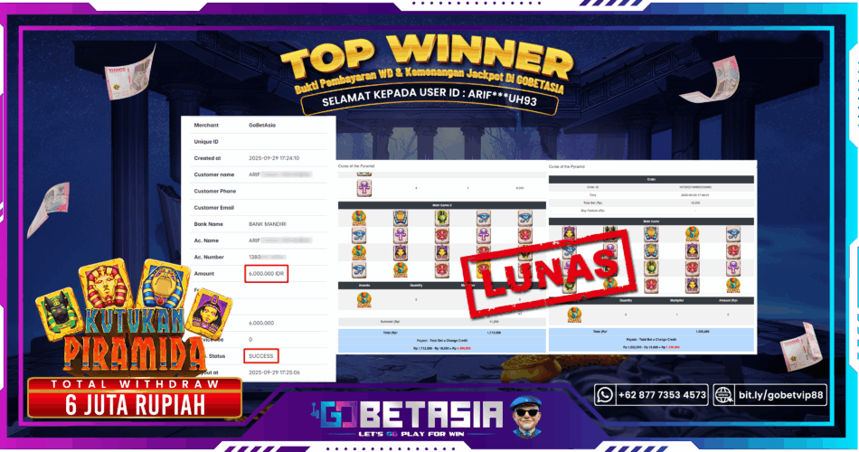 Bukti pembayaran Jackpot di GOBETASIA
