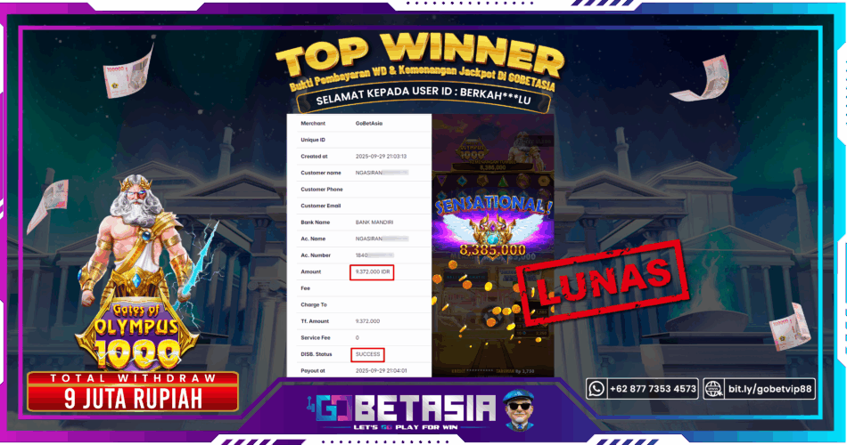 Bukti pembayaran Jackpot di GOBETASIA