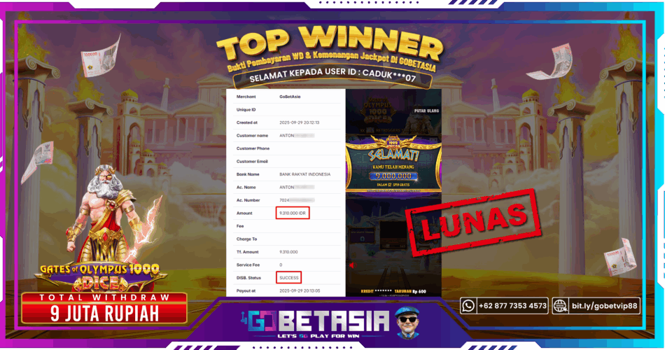Bukti pembayaran Jackpot di GOBETASIA