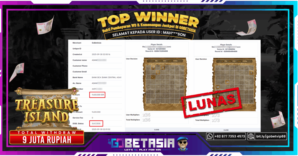 Bukti pembayaran Jackpot di GOBETASIA