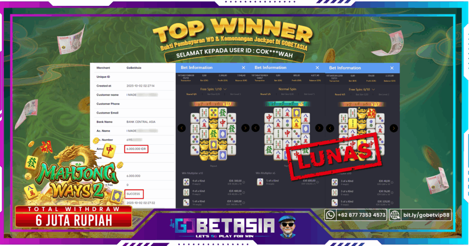 Bukti pembayaran Jackpot di GOBETASIA