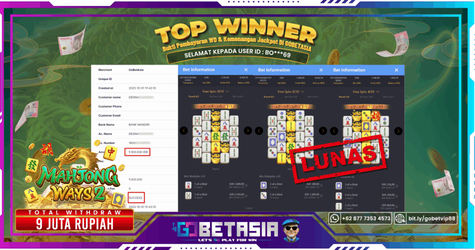 Bukti pembayaran Jackpot di GOBETASIA