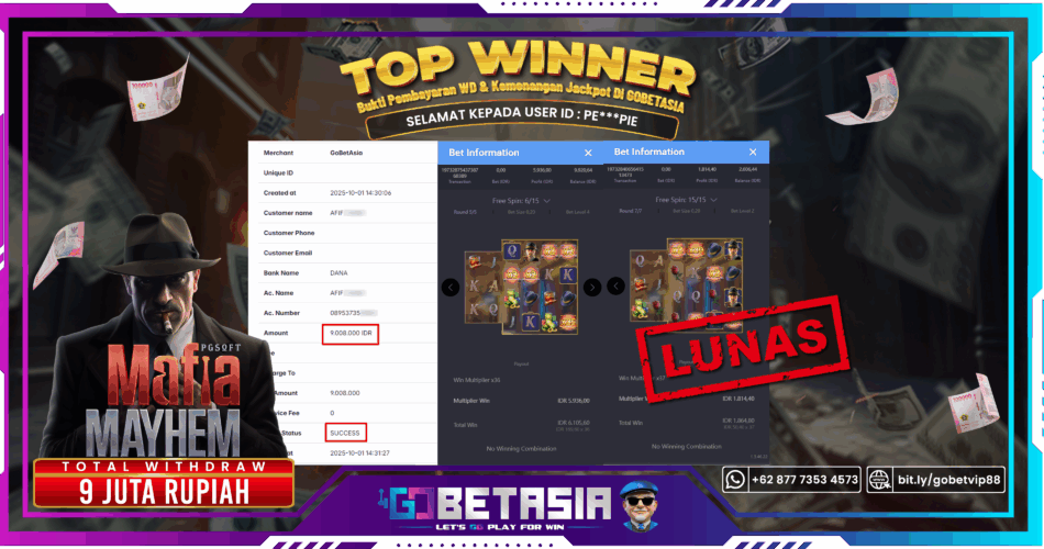 Bukti pembayaran Jackpot di GOBETASIA