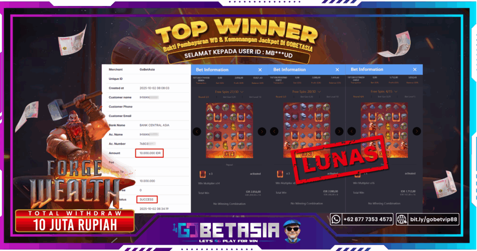 Bukti pembayaran Jackpot di GOBETASIA