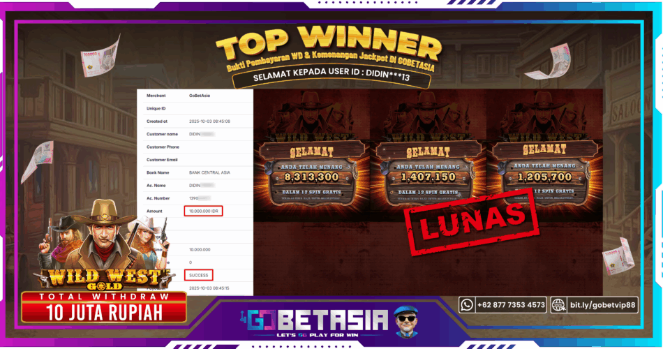 Bukti pembayaran Jackpot di GOBETASIA