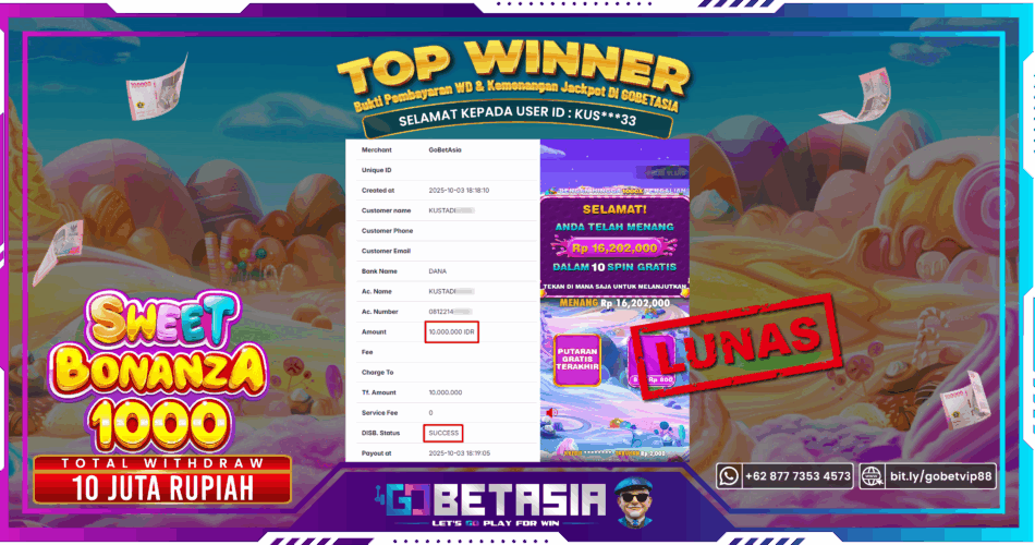 Bukti pembayaran Jackpot di GOBETASIA
