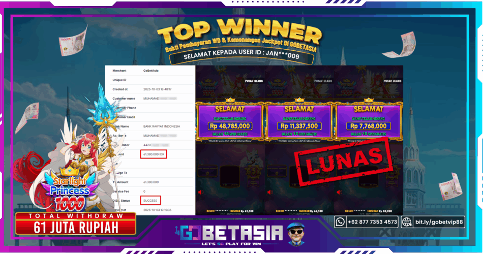 Bukti pembayaran Jackpot di GOBETASIA