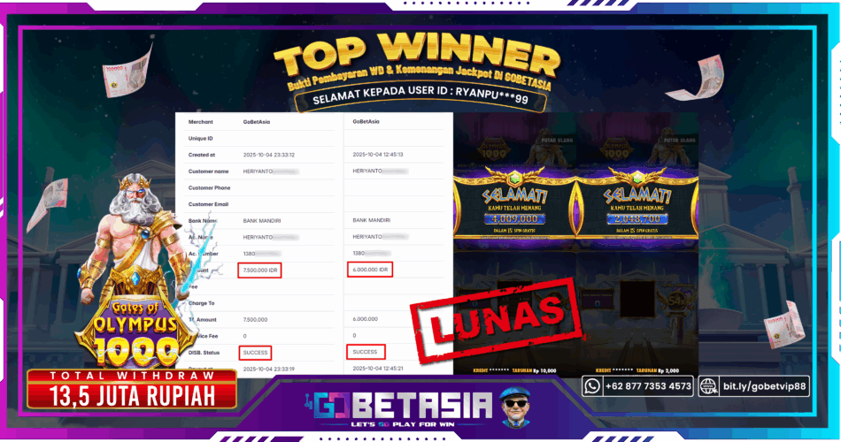 Bukti pembayaran Jackpot di GOBETASIA
