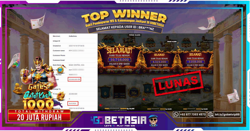 Bukti pembayaran Jackpot di GOBETASIA