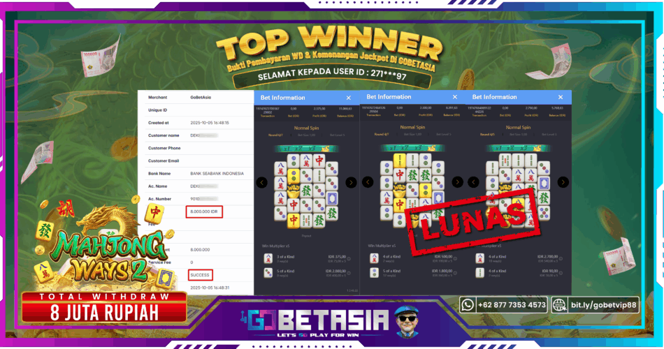 Bukti pembayaran Jackpot di GOBETASIA