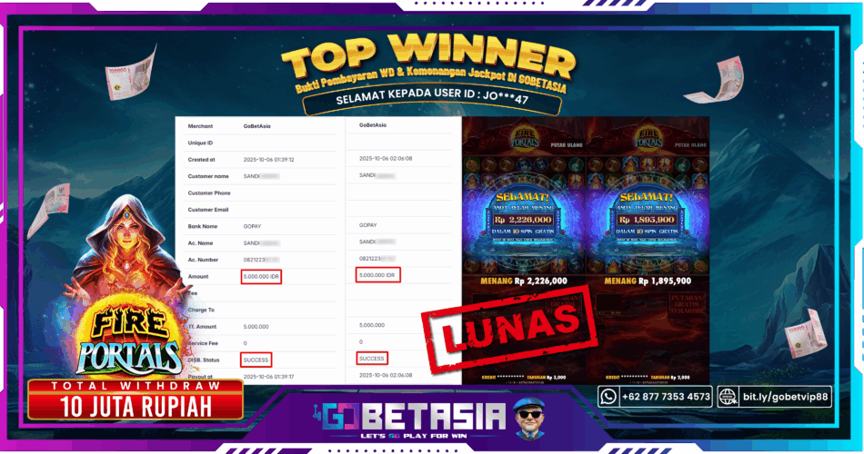 Bukti pembayaran Jackpot di GOBETASIA