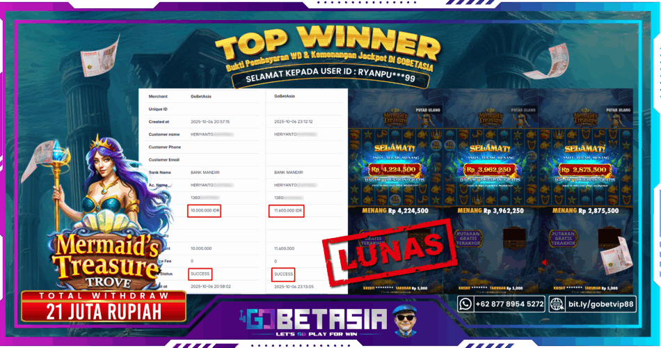Bukti pembayaran Jackpot di GOBETASIA