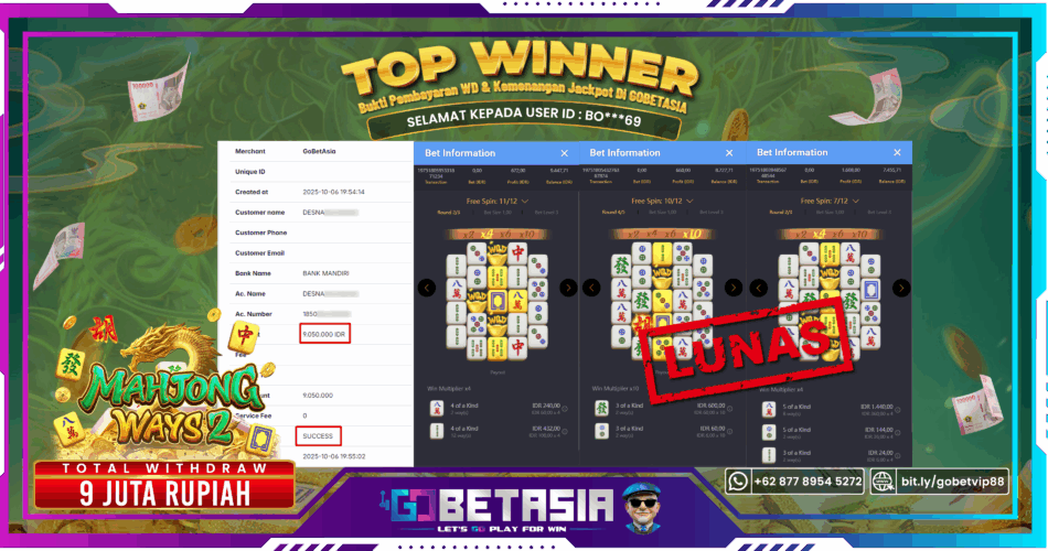 Bukti pembayaran Jackpot di GOBETASIA