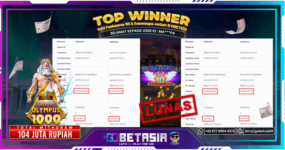 Bukti pembayaran Jackpot di GOBETASIA