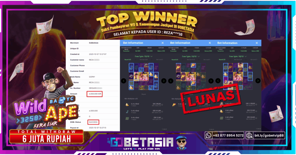 Bukti pembayaran Jackpot di GOBETASIA