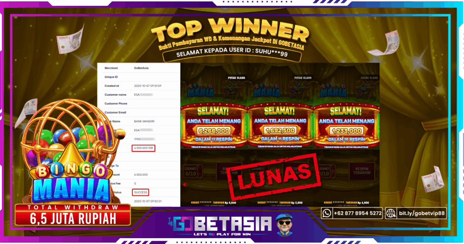 Bukti pembayaran Jackpot di GOBETASIA