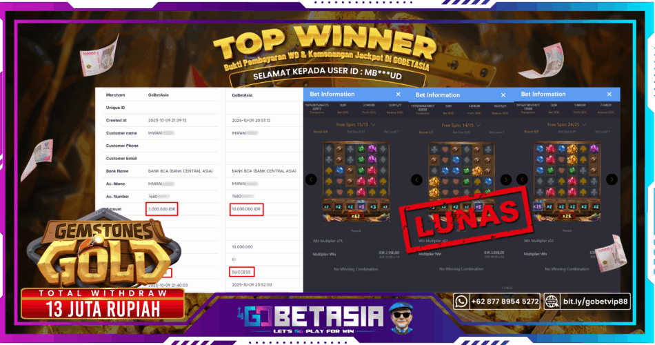 Bukti pembayaran Jackpot di GOBETASIA