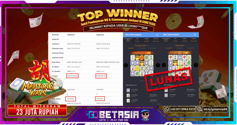 Bukti pembayaran Jackpot di GOBETASIA