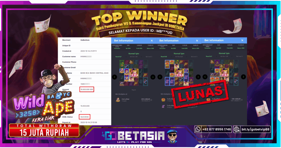 Bukti pembayaran Jackpot di GOBETASIA