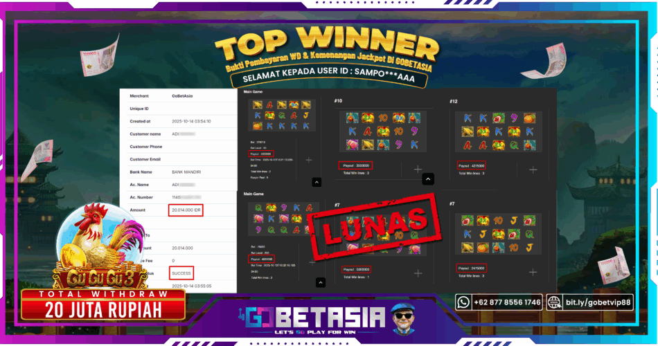 Bukti pembayaran Jackpot di GOBETASIA