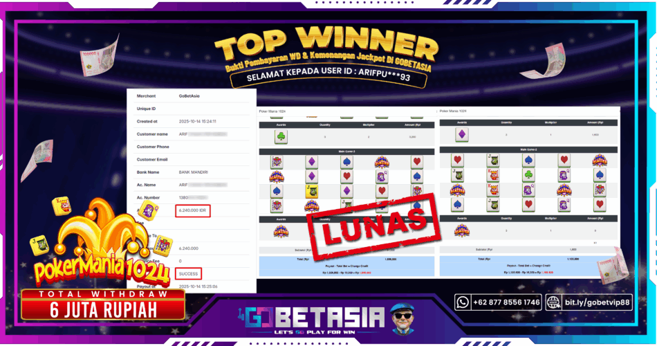 Bukti pembayaran Jackpot di GOBETASIA