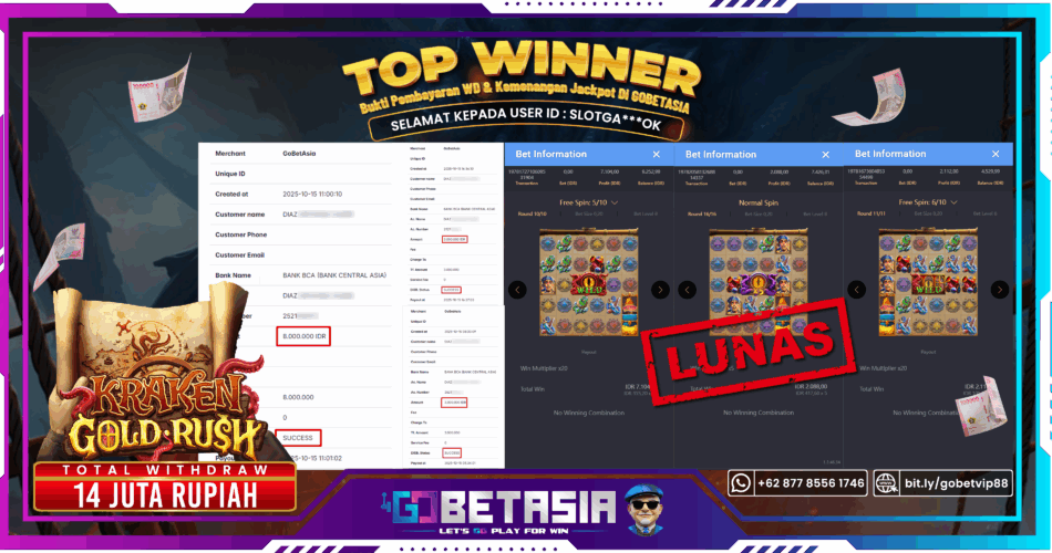 Bukti pembayaran Jackpot di GOBETASIA