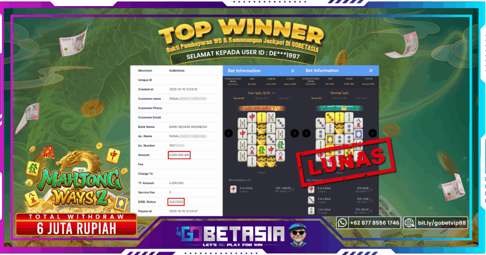 Bukti pembayaran Jackpot di GOBETASIA