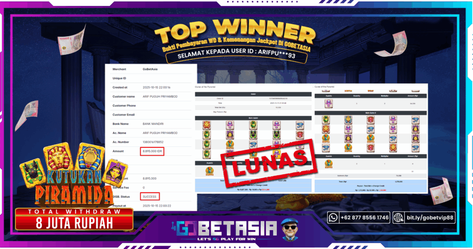 Bukti pembayaran Jackpot di GOBETASIA