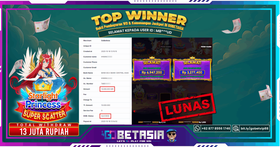 Bukti pembayaran Jackpot di GOBETASIA