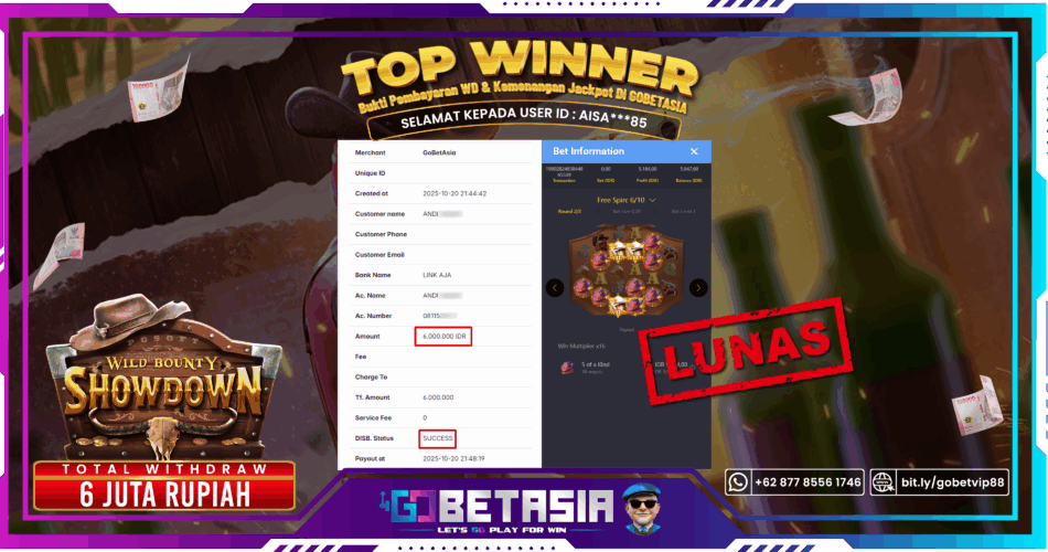 Bukti pembayaran Jackpot di GOBETASIA