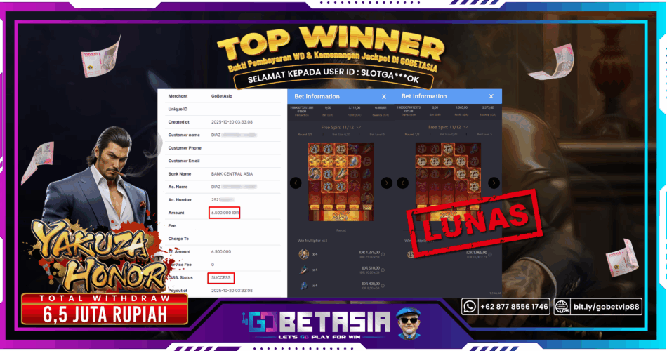 Bukti pembayaran Jackpot di GOBETASIA